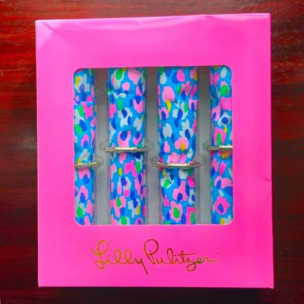 Lilly Pulitzer Hottie Dottie Blue & Pink Napkins & Bamboo Rings | Set of 4 NIB